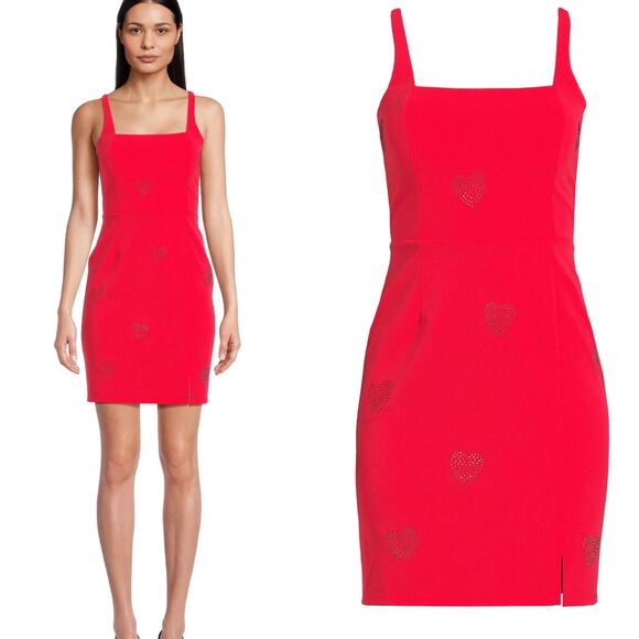 Planet Gold Red Rhinestone Heart Square Neck Front Slit Mini Dress - Picture 1 of 8